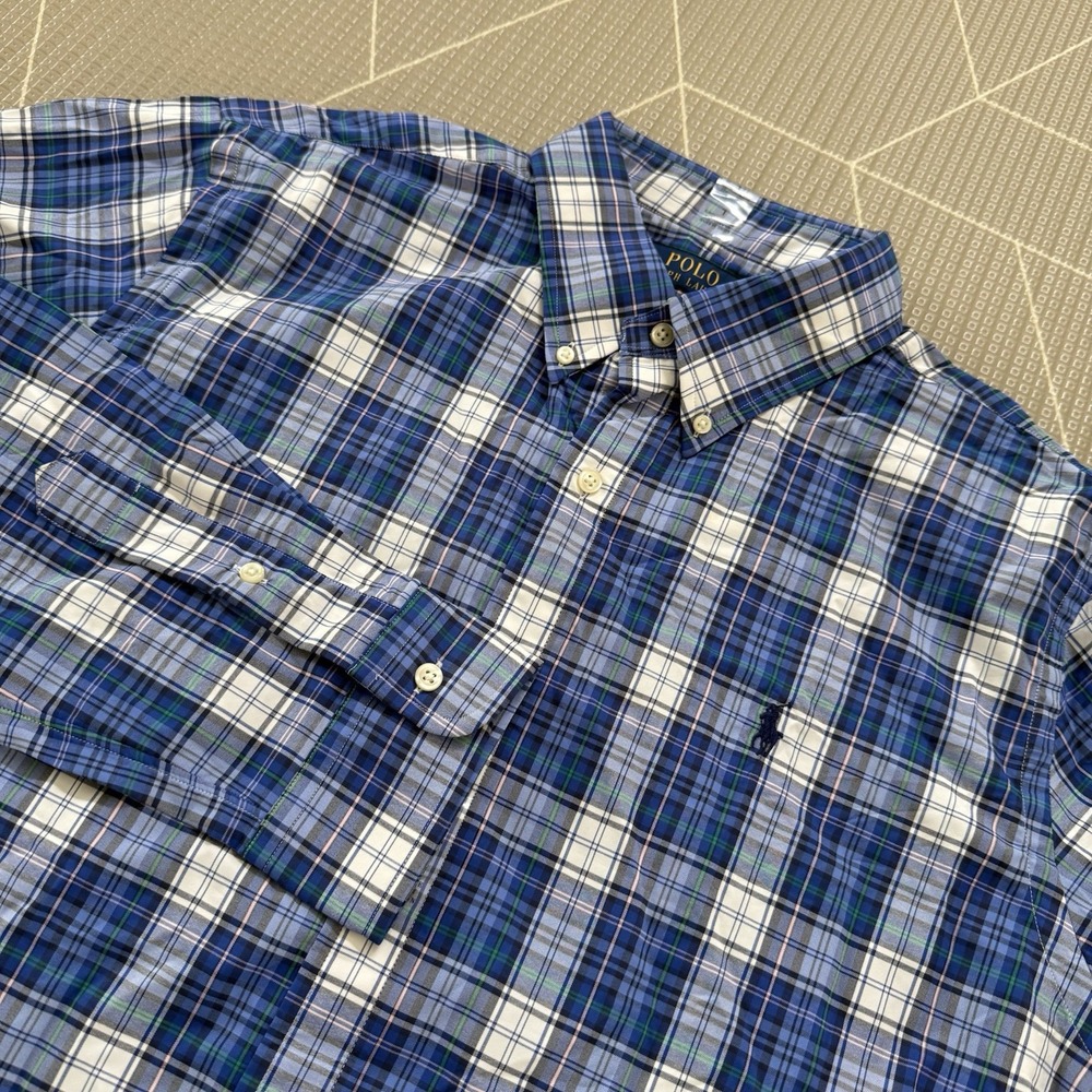 NEW Polo Ralph Lauren Classic Fit Performance Button Down Size Large Blue Plaid